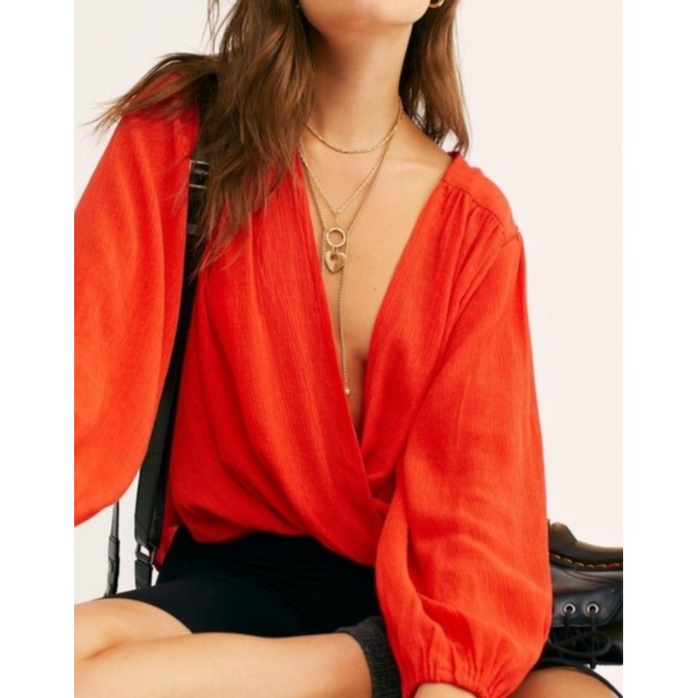 Free people Check On It Wrap Red Crepe Crossover‎ Wrap Top Blouse Size XS